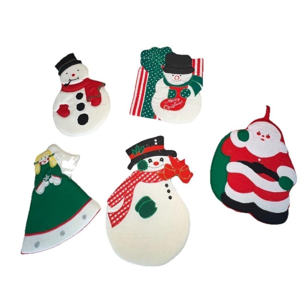 Vtg 80s Christmas Potholders Set 5 Santa Snowman Angel W-C Imports Ramie Linen